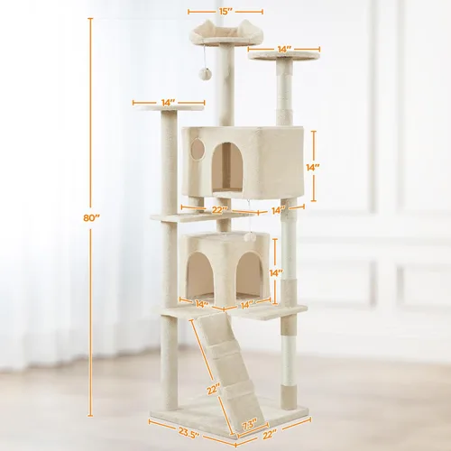 Miniatura 3 de Yaheetech Árbol para gatos XL, torre para gatos de varios niveles de 80 pulgadas con postes para rascar, condominio doble, plataformas encaramadas