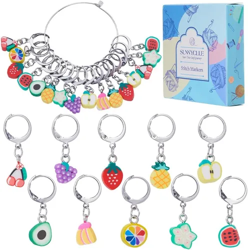 Miniatura 20 de SUNNYCLUE 1 Caja 30Pcs Marcadores de Puntada para Tejer y Ganchillo, Adornos de Flor de Margarita, Perlas de Perla, Tirador de Cremallera, Clip 30