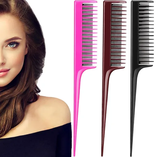 Miniatura 6 de Leinuosen 3 peines de cola de rata triple de 8 pulgadas con púa para mujer, corte ligero, seccionado de dientes finos y peinetas para añadir volumen