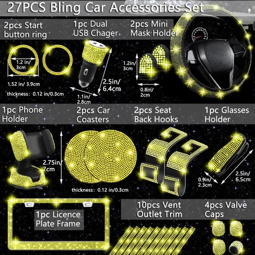 Miniatura 3 de NBTEPEM 27 piezas de juego de accesorios brillantes para auto en color aguamarina para mujeres, fundas para volante de ajuste universal de 15