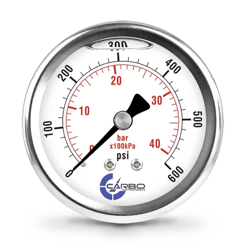 Miniatura 30 de 2 1-2" Medidor de presión, carcasa de acero inoxidable, conexión de latón cromado, llenado de líquido, 0-4000 psi/kPa, montaje trasero 1/4" NPT