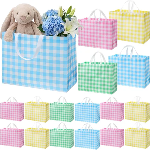 Colarr 12 piezas bolsas de mano de Pascua extra grandes con asa, bolsa de regalo de primavera, no tejida, a cuadros búfalo, impermeable,