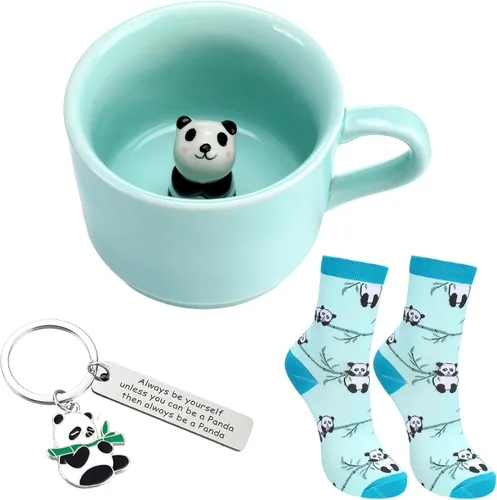 Kit de regalo con temática de panda de 3 piezas para mujeres, taza de panda, calcetín y llavero, linda taza para fiesta de Navidad, regalo de