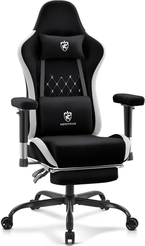 Miniatura 10 de Silla de juegos de tela transpirable, silla de oficina para computadora con reposapiés, soporte lumbar de masaje y almohadilla de gel, silla