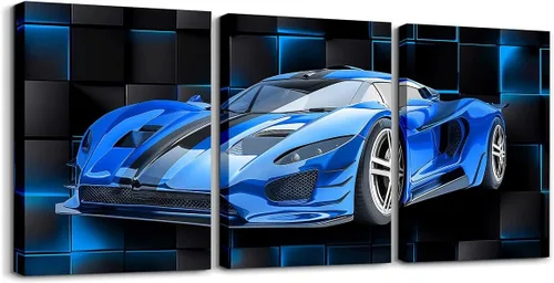 Miniatura 46 de Feelyou Cuadro azul de carreras para pared, 12 x 16 pulgadas, 3 piezas de autos deportivos de velocidad, lienzo para decoración de pared, diseño