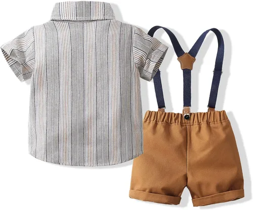 Miniatura 2 de Kimocat Ropa de bebé estilo traje de caballero camisa de manga corta + corbatín + tirantes cortos