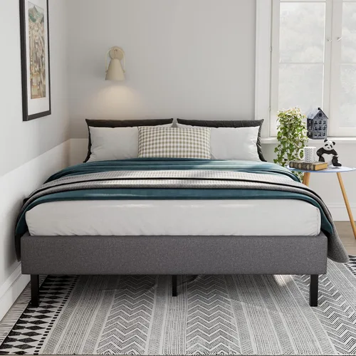 Miniatura 3 de SHA CERLIN Marco de cama tamaño matrimonial, marco de cama tapizado, no necesita somier, plataforma de perfil bajo con listones de madera, fácil