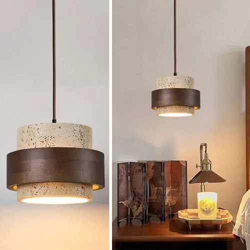 Wabi-Sabi - Colgante de piedra natural nórdica con diseño de cueva amarilla clara con diseño de piedra de madera, luz vintage de travertino,