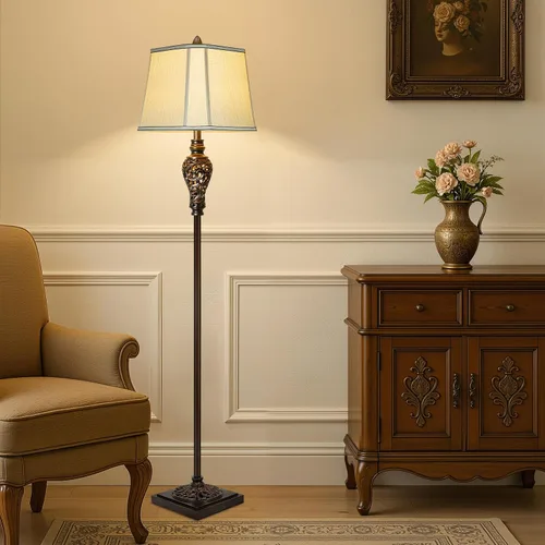 Miniatura 4 de Lámpara de pie vintage con luz nocturna, lámpara de pie retro de 65 pulgadas con acabado marrón y pantalla de seda sintética beige, lámpara alta