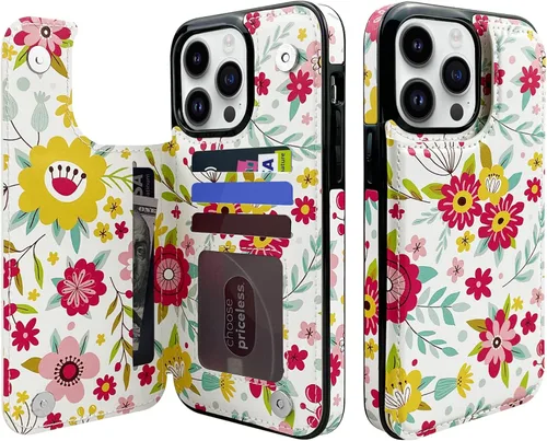 Miniatura 9 de Funda tipo cartera de piel con tapa compatible con iPhone 13 Pro Max de 6.7 pulgadas, para mujeres y niñas con tarjetero y doble cierre magnético