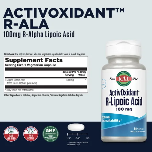 Miniatura 2 de Kal 100 mg de ácido R-lipoico Activoxidant Tabletas, 60