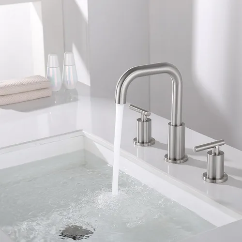 Miniatura 6 de Grifo de baño extendido de níquel cepillado de 8 pulgadas, grifo de baño de 2 manijas y 3 agujeros con desagüe de lavabo y manguera de suministro