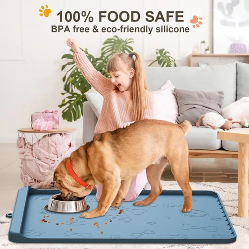 Miniatura 7 de Tapete para Comida de Perro - Tapete de Silicona para Perro para Comida y Agua - 36" x 24" Tapetes Grandes de Alimentación para Mascotas con Azul