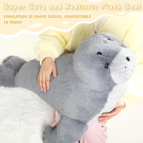 Miniatura 3 de Poen Peluche de foca gigante de 39 pulgadas, grande, grande, suave, tierno, color gris, adorable almohada grande, regalo para niños, compañero