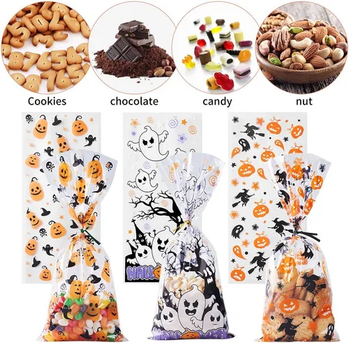 Miniatura 4 de CCINEE Bolsas de celofán para Halloween, 150 bolsas de plástico transparente para dulces con 300 giros para aperitivos y galletas