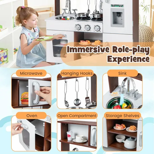 Miniatura 5 de HONEY JOY Juego de cocina para niños, cocina de madera para niños pequeños, utensilios de cocina, teléfono, reloj, dispensador de agua, gabinete