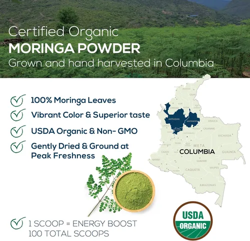 Miniatura 2 de Moringa orgánica en polvo, moringa colombiana recién molida, orgánica USDA, sin OMG, sin gluten, en una bolsa resellable para batidos, lattes