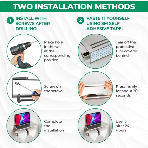 Miniatura 6 de Soporte de papel higiénico – Soporte de papel higiénico de aluminio de doble rollo con estante para teléfono móvil para baño, autoadhesivo 3M, sin