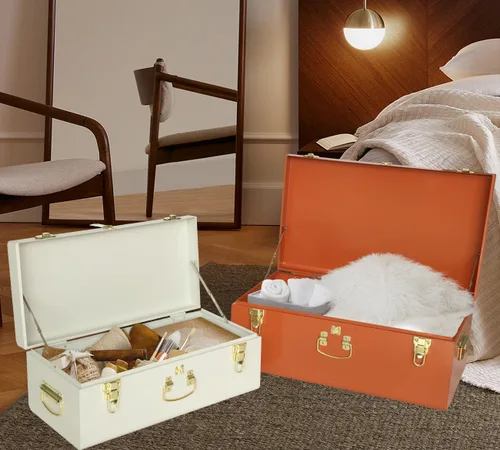 Miniatura 4 de Vixdonos Juego de 2 baúles decorativos de metal grande, organizador de dormitorio universitario con cerrojos y asa para decoración del hogar, 23.7 x