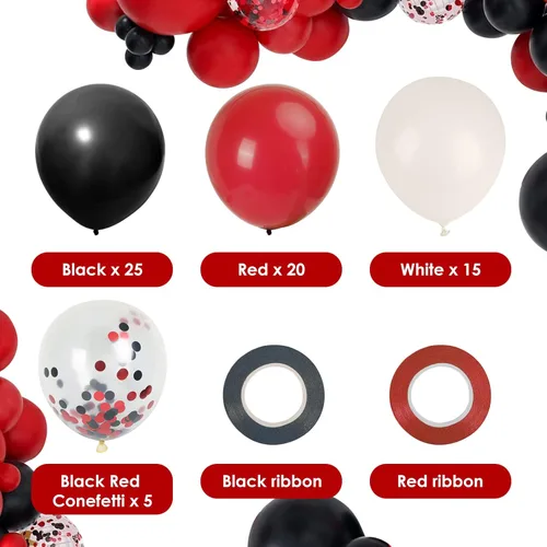 Miniatura 2 de RUBFAC 65 piezas de globos de 12 pulgadas, kit de globos rojos, negros y blancos con confeti y cintas para cumpleaños, bodas, baby shower, Negro