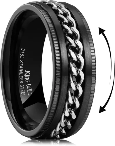 Miniatura 121 de King Will - Anillo antiestrés de acero inoxidable 316L para hombres y mujeres, con cadena decorativa giratoria, 8 mm de ancho, anillo de boda