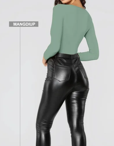 Miniatura 189 de MANGDIUP Body esencial para mujer, cuello redondo, manga larga, ajustado, elástico, de algodón y elastano