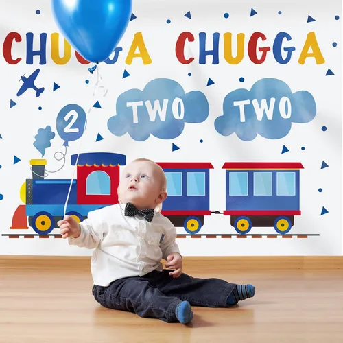 Miniatura 2 de Telón de fondo de feliz segundo cumpleaños de 7 x 5 pies, tren azul y rojo para niño, Chugga Chugga, dos dos nubes, plano de fotografía, fondo