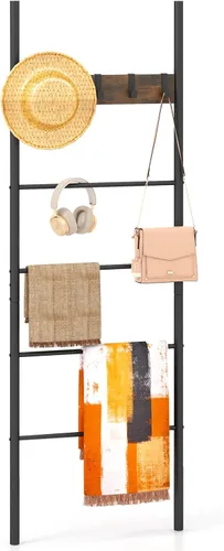 Miniatura 9 de Tangkula Escalera para mantas, estante de escalera de 5 niveles con 5 ganchos extraíbles, soporte decorativo para manta inclinado en la pared