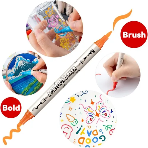 Miniatura 3 de TRANSON Juego de rotuladores de pintura acrílica de doble punta de 12 colores para lienzo de madera, madera, cuero, cerámica, pintura de bricolaje