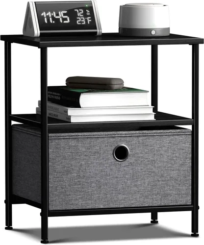 Sorbus Mesita de noche con 1 cajón, mueble de noche y mesa auxiliar con marco de acero, parte superior de madera y contenedores de tela fáciles de