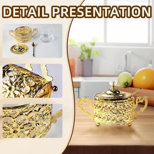 Miniatura 4 de Flylin Azucarero, azucarero turco con tapa y cuchara para galletas de caramelo, miel, tarro de condimentos de vidrio vintage dorado para el hogar y 4