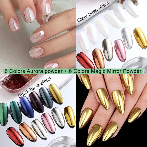 Miniatura 3 de Juego de 2 cajas de 24 colores holográficos cromados para uñas Nail Powders Laser Shining Glitter Metallic Mirror Effect Holographic Aurora