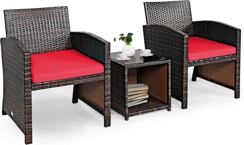 Miniatura 10 de Tangkula Juego de muebles de ratán de polietileno de 3 piezas, juego de conversación de patio con silla y mesa de café de almacenamiento, cojín Gris