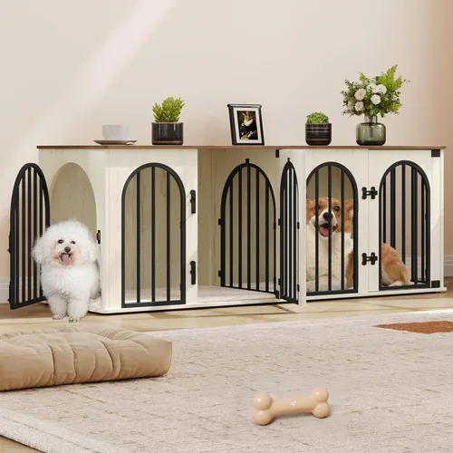 Miniatura 18 de Hzuaneri Mueble de jaula para perros de 88.4 pulgadas para 2 perros, soporte de TV para perreras de interior resistente, jaula de madera XXL