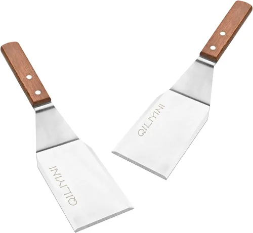 Miniatura 6 de Espátula de acero inoxidable para sartén de hierro fundido, espátula para parrilla con mango de madera, tortitas de metal resistente