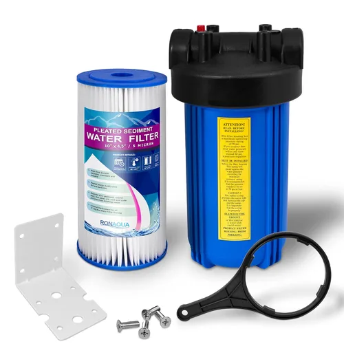 Miniatura 10 de Sistema de filtración de agua para toda la casa, carcasa grande azul, puertos de latón de entrada/salida de 1 pulgada, botón de alivio de presión