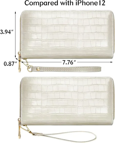 Miniatura 4 de Badiya Cartera para mujer con bloqueo RFID de cuero con cremallera de gran capacidad para tarjetas de crédito bolso largo Blanco