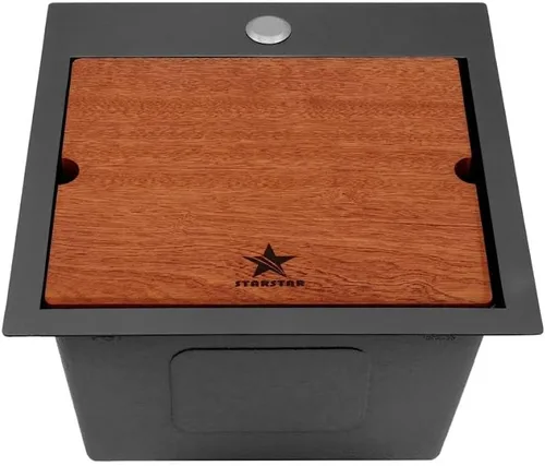 STARSTAR Estación de trabajo con repisa de montaje superior/cuenco individual de acero inoxidable mate negro mate para