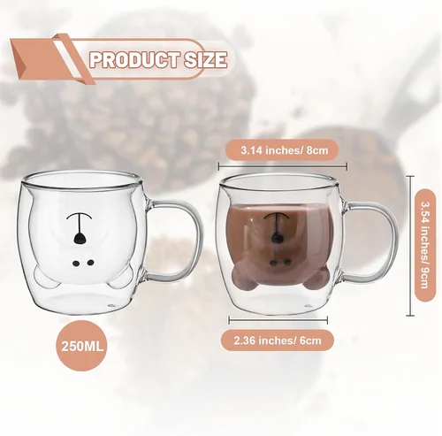 Miniatura 2 de Patelai Linda taza de oso con asa de vidrio de doble pared para té, café y leche, taza de espresso aislada, taza de Navidad, taza de cerveza, lindo