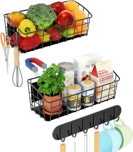 Miniatura 9 de Estante magnético para refrigerador, paquete de 2, estante magnético fuerte para especias con ganchos extraíbles para almacenamiento de cocina