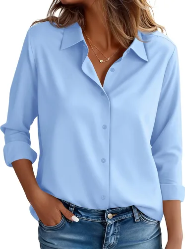 Miniatura 17 de CBOO Camisas resistentes a las manchas para mujer, sin arrugas y sin planchado, blusa de manga larga con botones para oficina Blanco resistente a