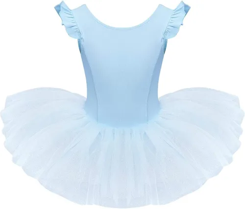 IDOPIP Vestido de ballet con mangas voladas y volantes para niñas pequeñas, tutú con falda de leotardo, bailarina, baile, disfraz de gimnasia