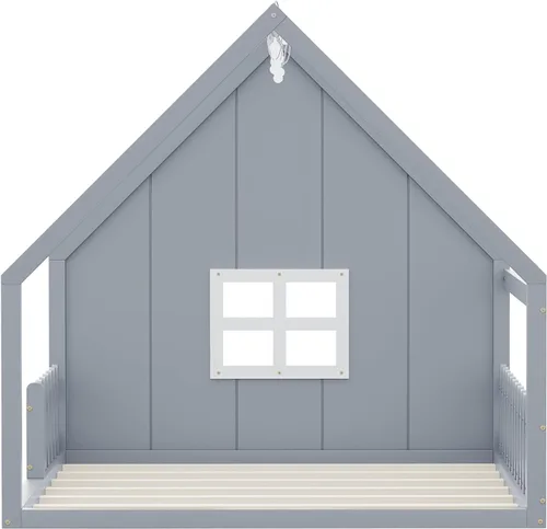 Miniatura 6 de Polibi Cama de casa de tamaño completo, marco de cama de piso de madera con ventana y valla para niños, gris