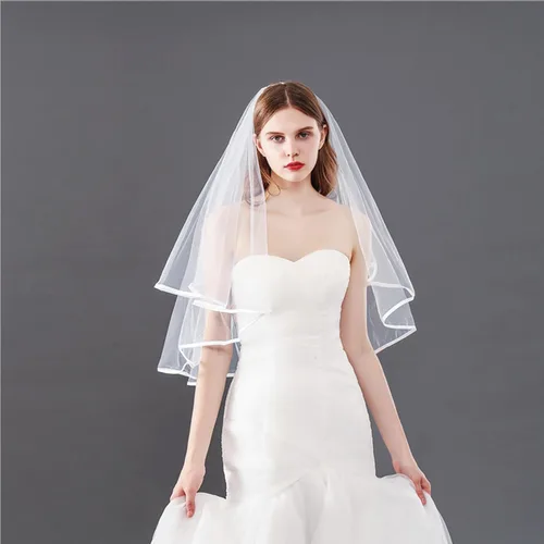 Miniatura 5 de auwiyd Velo de novia corto velo de boda con borde de satén con peine para mujeres y niñas, velo de borde de cinta de 2 niveles para boda, despedida
