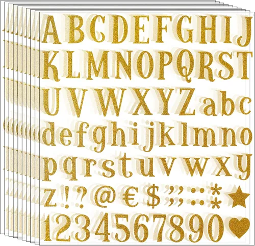790 calcomanías de letras del alfabeto con purpurina, 10 hojas, autoadhesivas, manualidades, aula y decoración del hogar Dorado