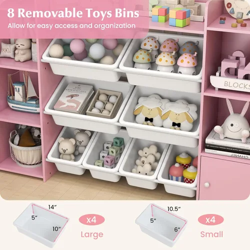 Miniatura 5 de HONEY JOY Organizador de almacenamiento de juguetes para niños, armario de almacenamiento de piso de madera con 8 contenedores extraíbles, estante