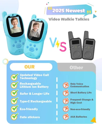 Miniatura 7 de Walkie talkies de video para niños, paquete de 2 walkie talkies recargables para niños que pueden enviar mensajes, regalos de cumpleaños de Navidad