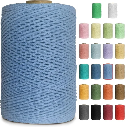 Miniatura 15 de Cuerda de macramé de colores de 0.039 in, cuerda de algodón de 656 pies, 3 hebras trenzadas, cuerda de algodón colorido para manualidades, Amarillo