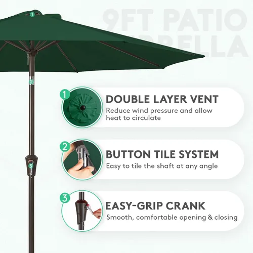 Miniatura 2 de JEAREY Sombrilla de mesa de patio al aire libre de 9 pies con botón de inclinación y manivela, sombrilla de mercado, 8 varillas resistentes, Verde