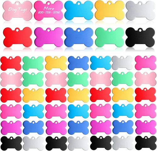 Roowest 100 etiquetas en blanco para perros y mascotas a granel para grabar 1.496 in de aluminio con forma de hueso, etiqueta de nombre colorida de